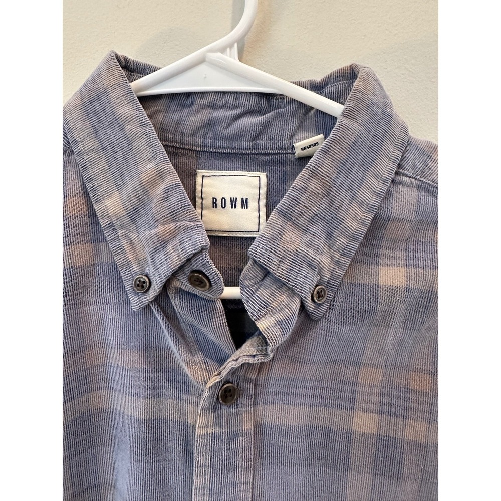 ROWM Men's Medium Blue Gray Plaid Corduroy Button Down Shirt Faded Wash